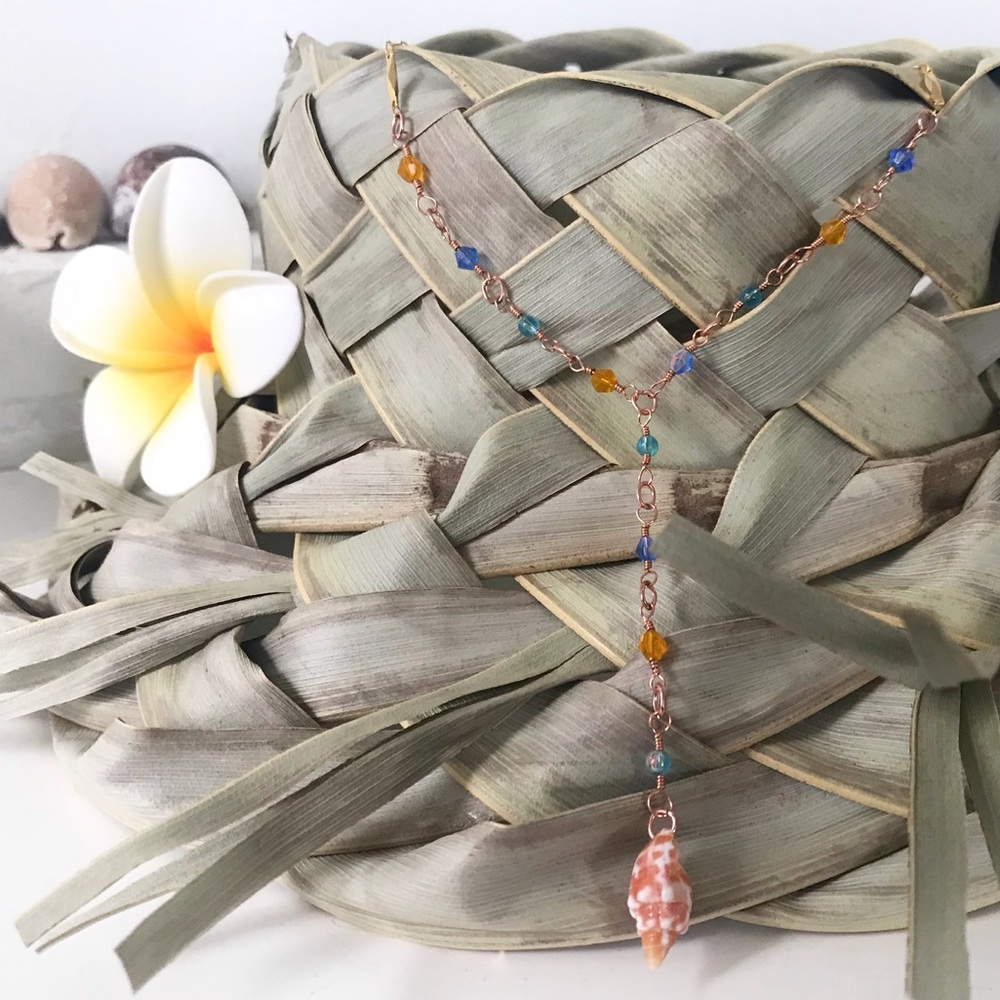 Hawaiian Miter Shell Crystal Lariat Necklace